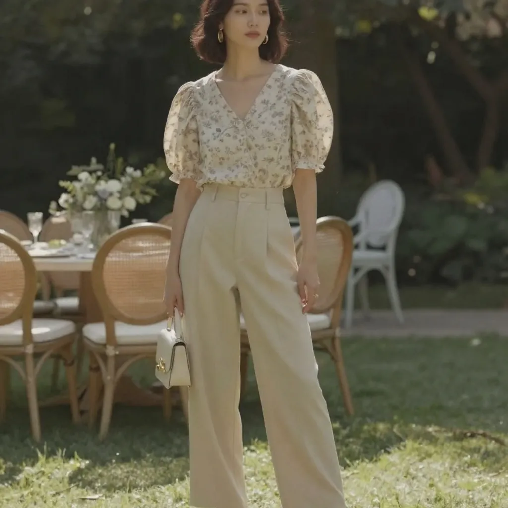Cream Garden Party Wedding Guest Outfit With Wide-Leg Trousers