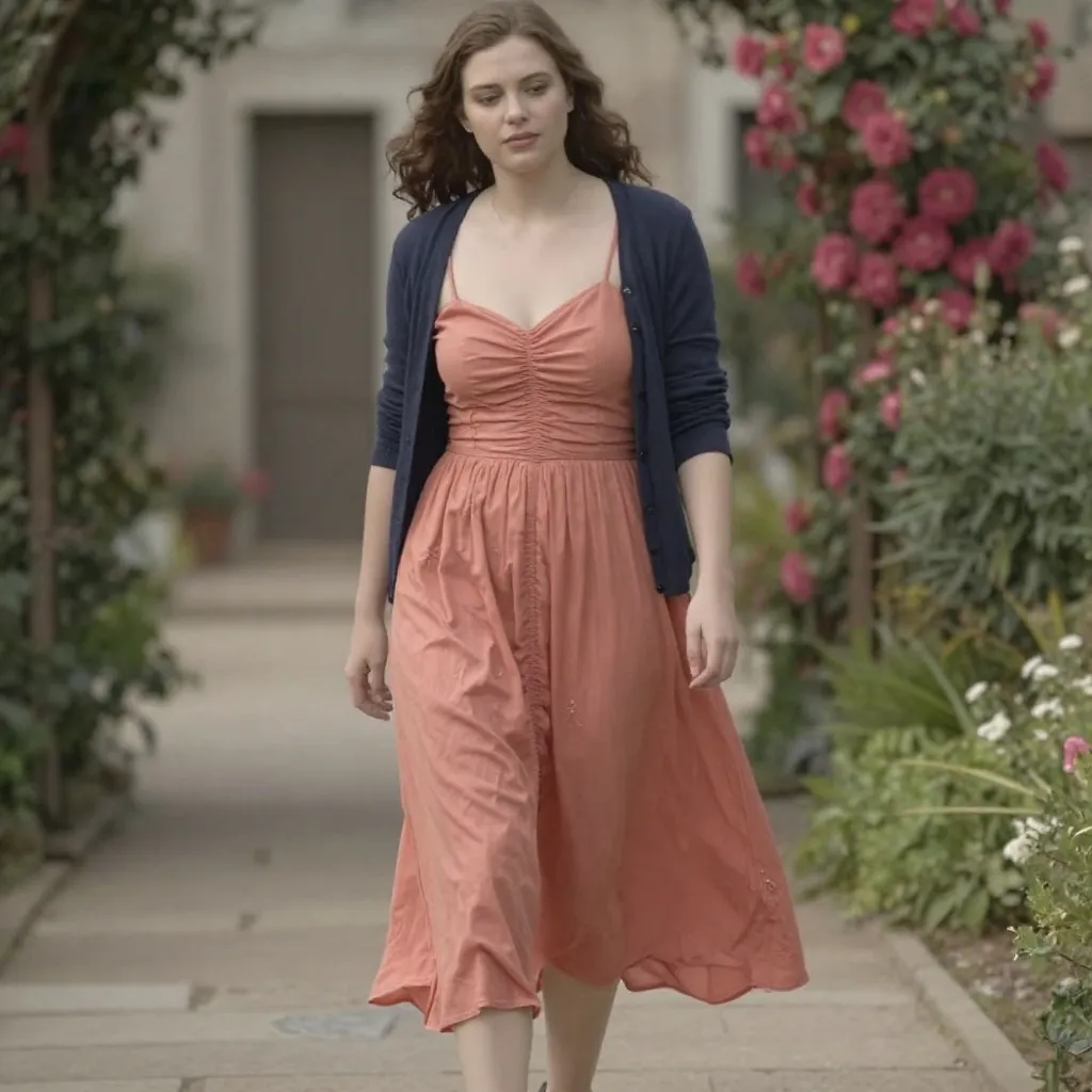 Coral Garden Party Wedding Guest Outfit With Navy Cardigan