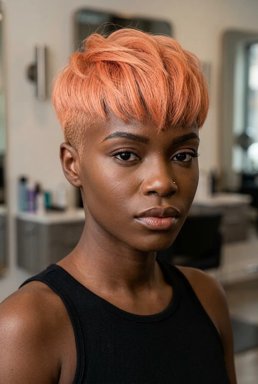 peach undercut pixie on deep skin, shaved sides, full textured top, bold editorial salon haircut for summer 2026
