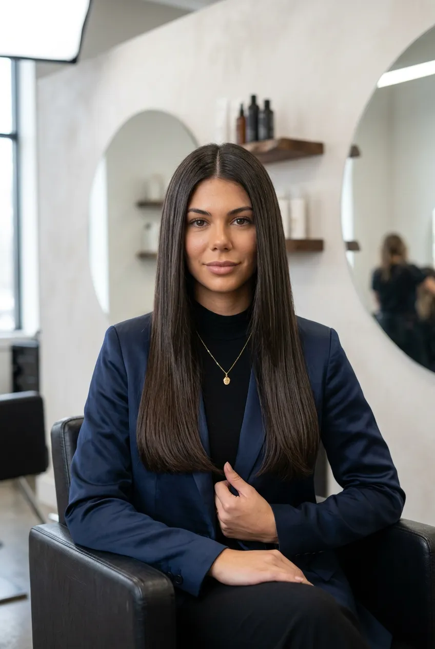 Espresso brown blunt silk long haircut for Summer 2026 with sleek center part, smooth polished finish, healthy shine, clean salon portrait