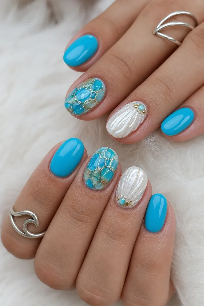 Summer Beach Nails 2026 Ocean Blue Mermaid Nails With Sea Glass Mosaic and Shell Art