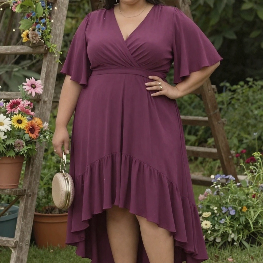 Rich Plum High-Low Dress With Flutter Sleeves