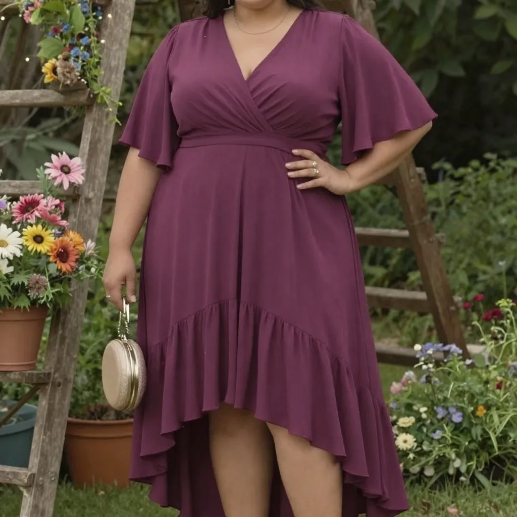 Rich Plum High-Low Dress With Flutter Sleeves