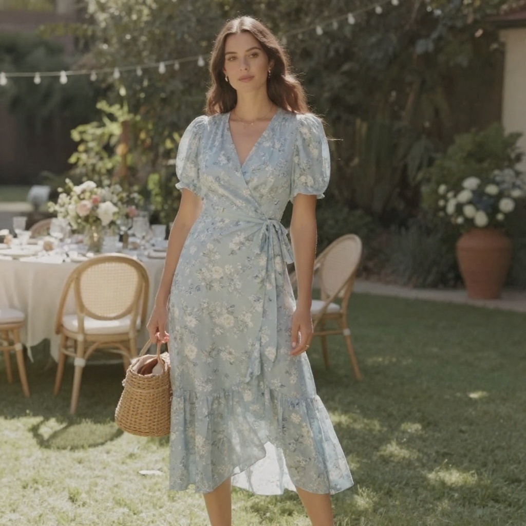 Powder Blue Garden Party Wedding Guest Outfit With Floral Wrap Dress