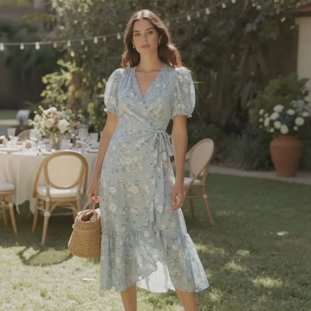 Powder Blue Garden Party Wedding Guest Outfit With Floral Wrap Dress