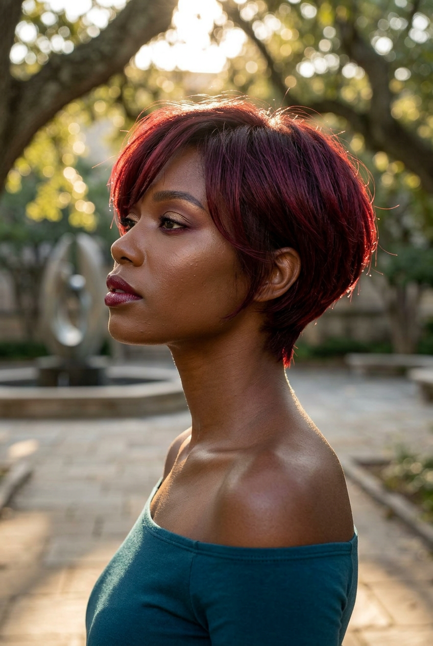 wine red layered pixie short haircut for summer 2026 on deep skin, tapered nape, longer crown, dramatic side profile, rich editorial color