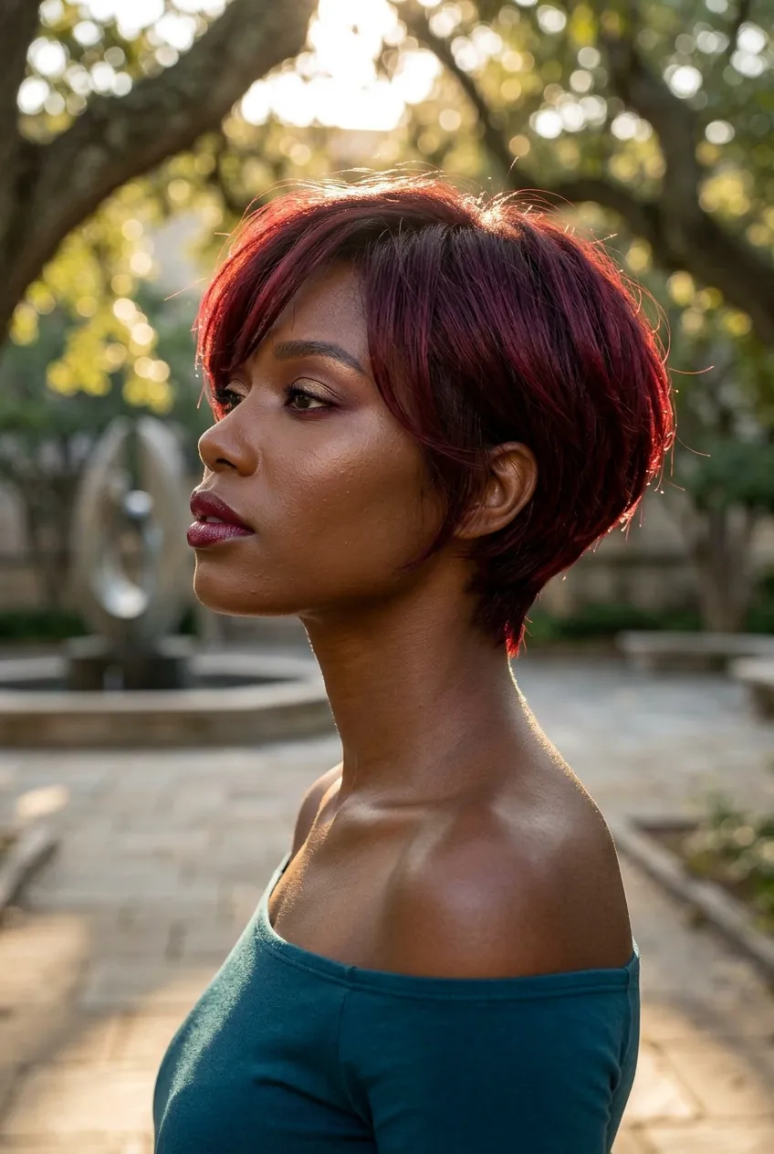 wine red layered pixie short haircut for summer 2026 on deep skin, tapered nape, longer crown, dramatic side profile, rich editorial color