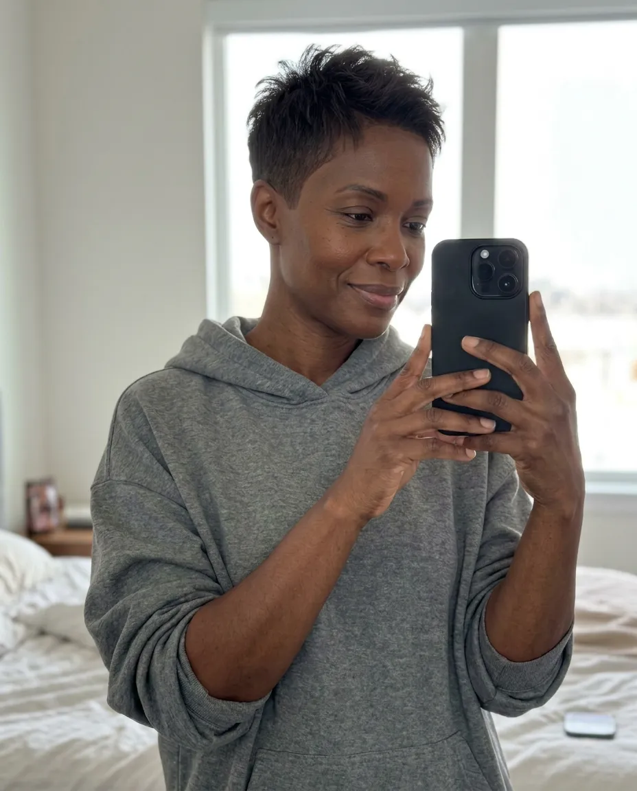 Very short dark brunette micro pixie crop with tapered sides, textured top, and clean modern lines in a casual mirror-selfie setting for summer 2026