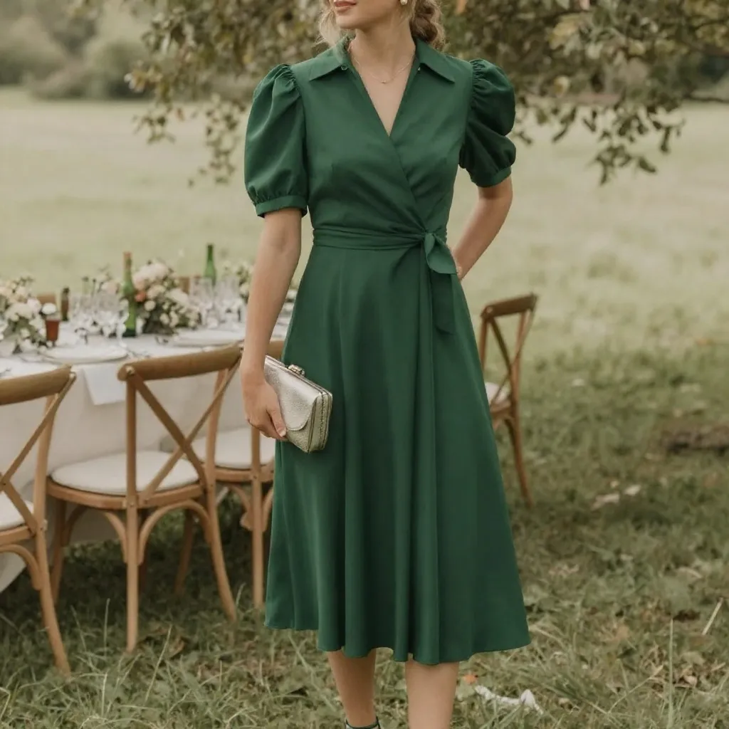 Forest Green Garden Party Wedding Guest Outfit With Puff Sleeves