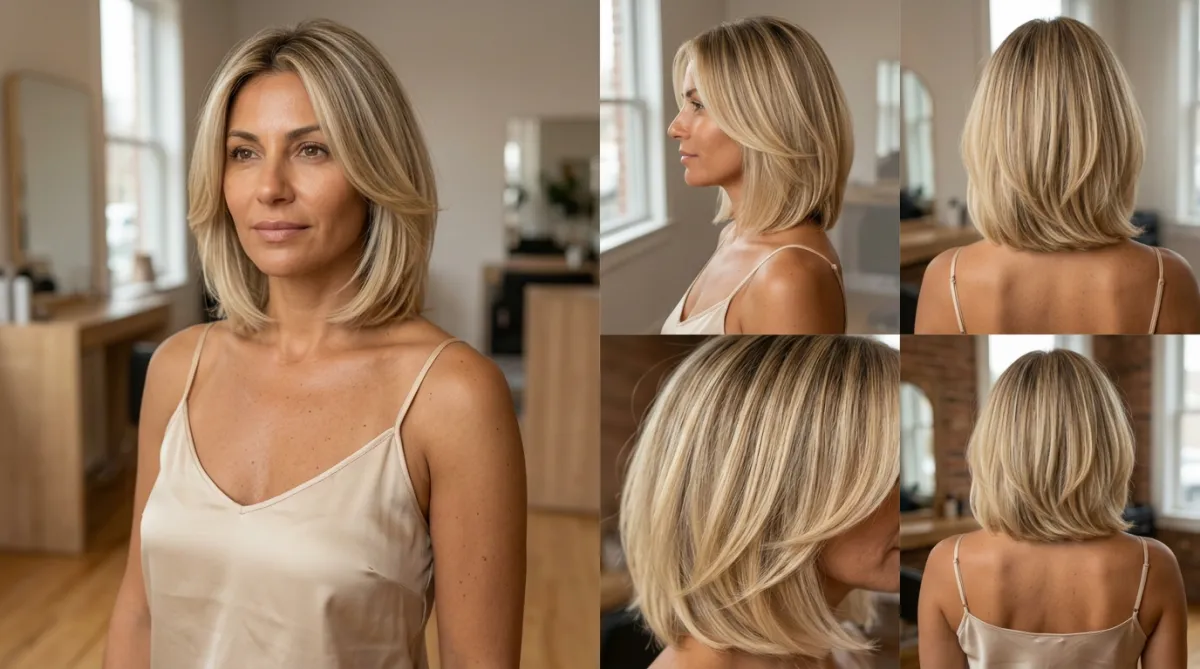 Ash bronde airy bob with softly tousled layers, cool-toned dimension, and modern understated salon portrait for summer 2026 over 40