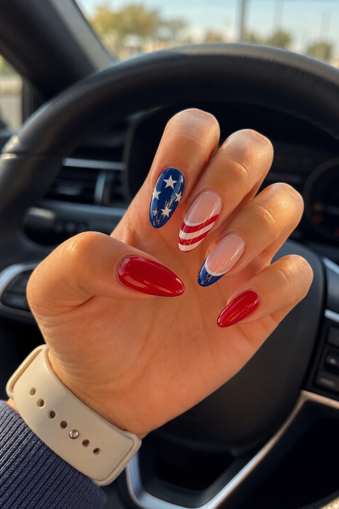 4th of July Nails for 2026 Classic Americana Almond Nails With Mixed Patriotic Art