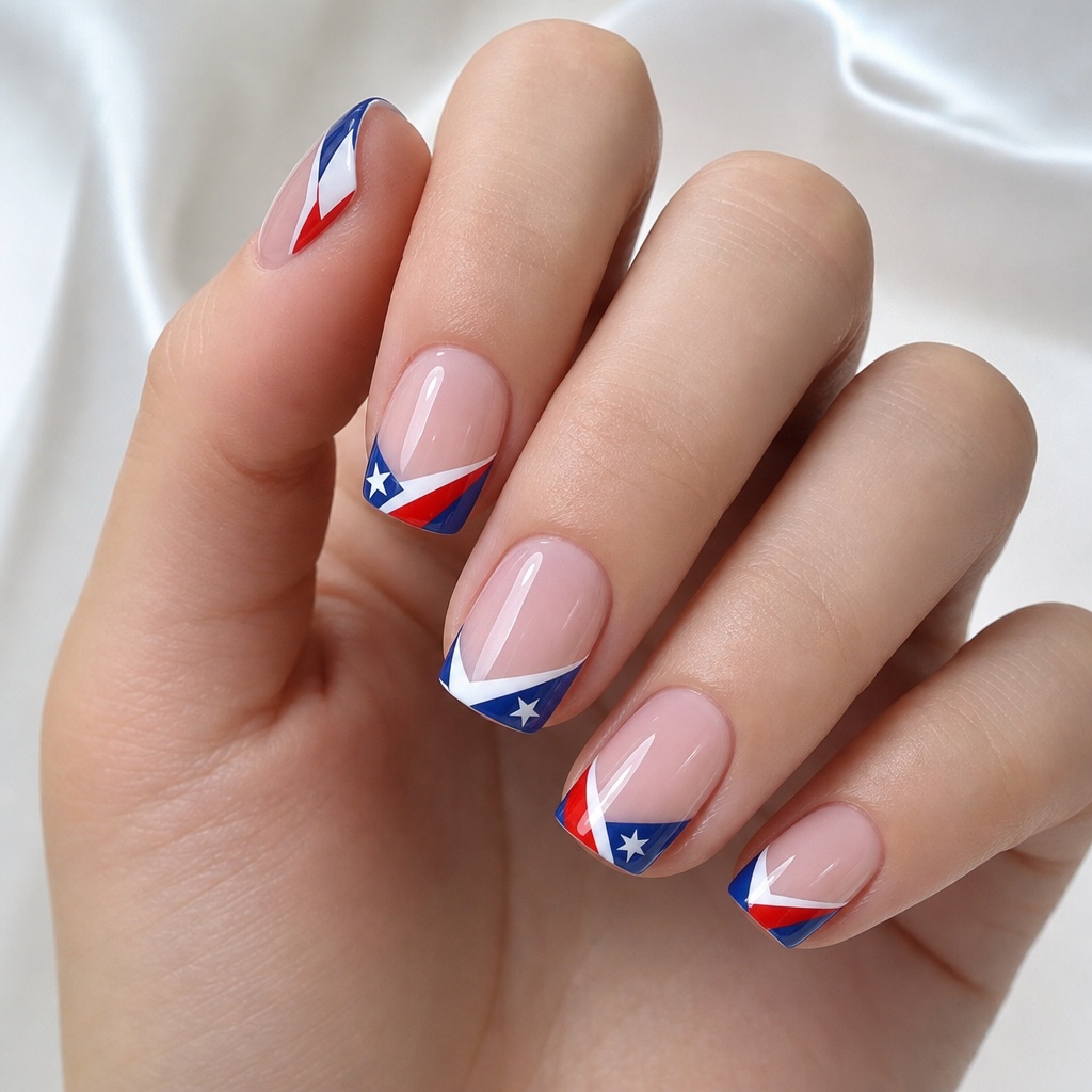 Patriotic Nails for 2026 Geometric Star French Tips With Nude Base