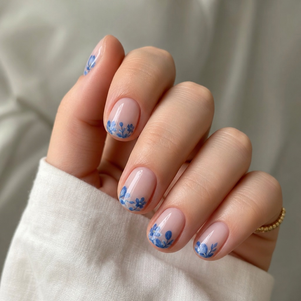 Short Summer Nails 2026 Inspo Blue Floral French Tips With Cottage Garden Charm