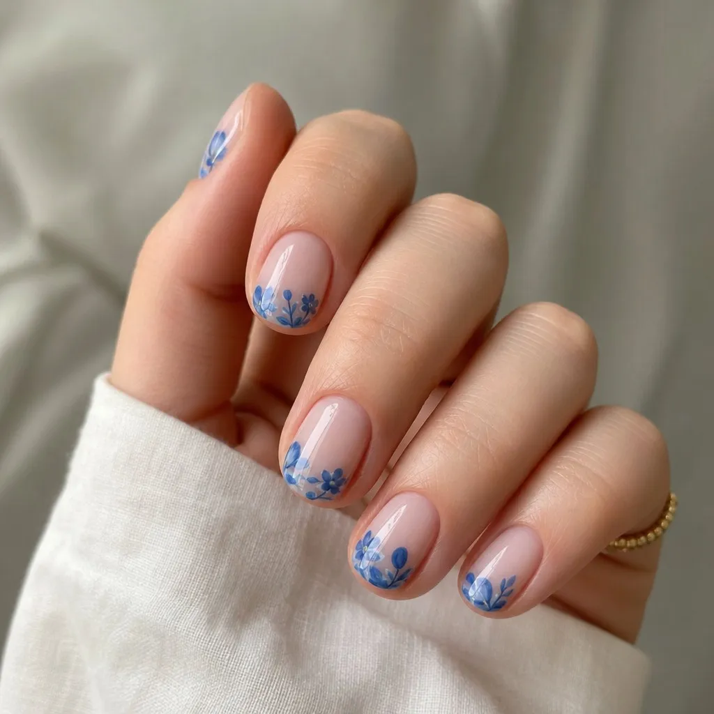 Short Summer Nails 2026 Inspo Blue Floral French Tips With Cottage Garden Charm