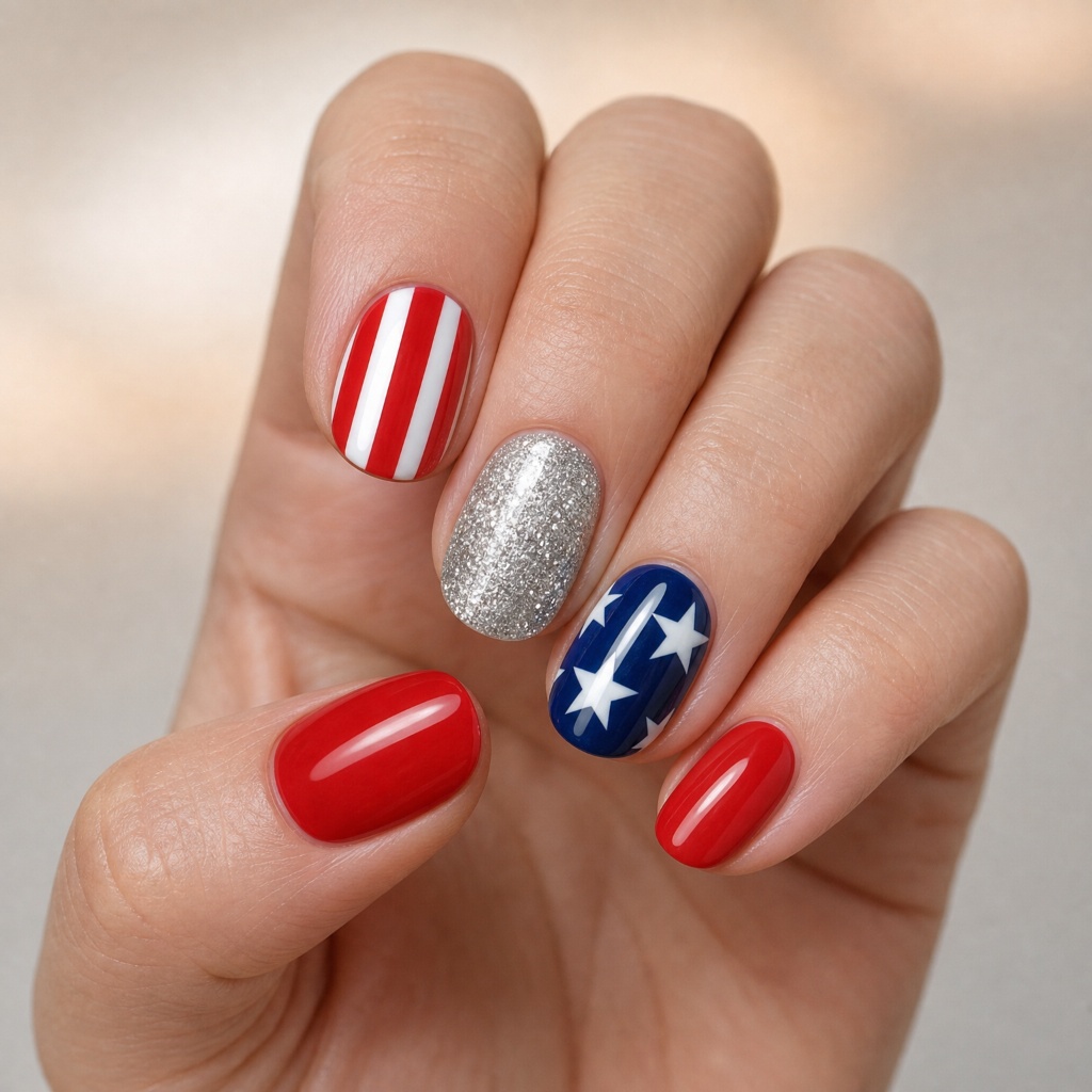 4th of July Nails for 2026 Fourth of July Gel Nails With Stars Stripes and Glitter