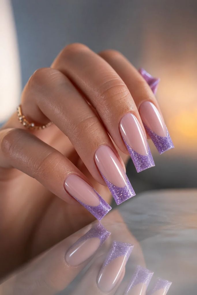 Summer French Nails 2026 Lavender Glitter V-Tip French for Evening Elegance
