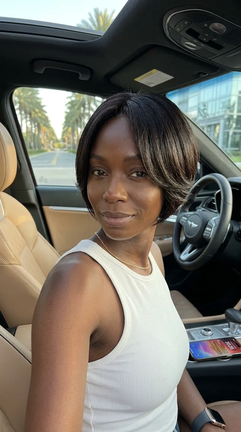 espresso side part soft bob on deep skin, short layered ends, smooth finish, understated luxury summer 2026 hairstyle