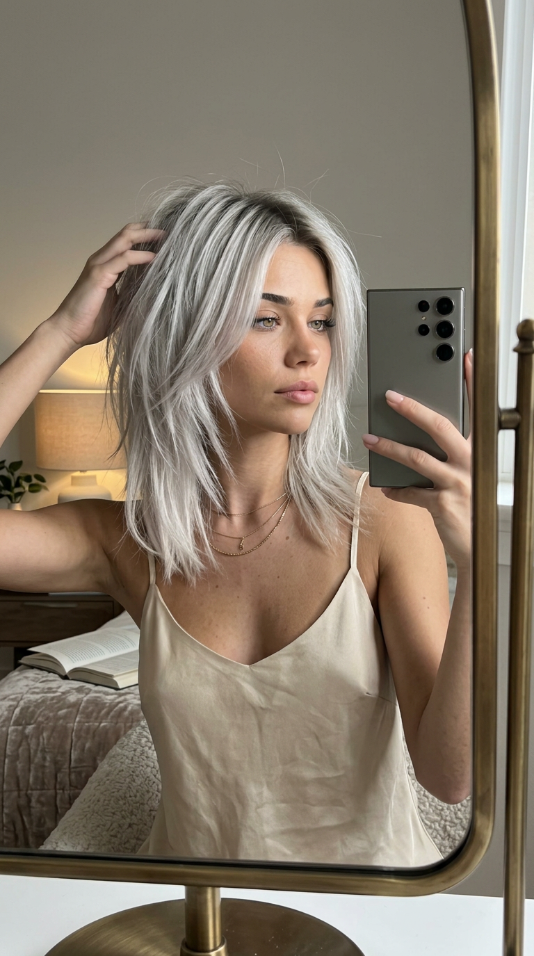 Icy platinum shag medium haircut with choppy layers, airy volume, cool blonde tone, and soft bedroom-editorial Summer 2026 texture
