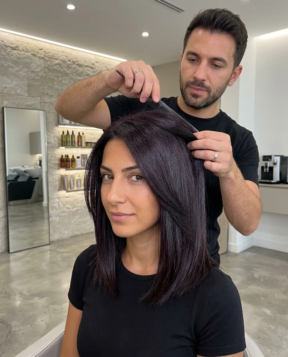 Glossy plum lob medium haircut with sleek straight texture, deep violet-black tone, salon lighting, and elevated Summer 2026 shine