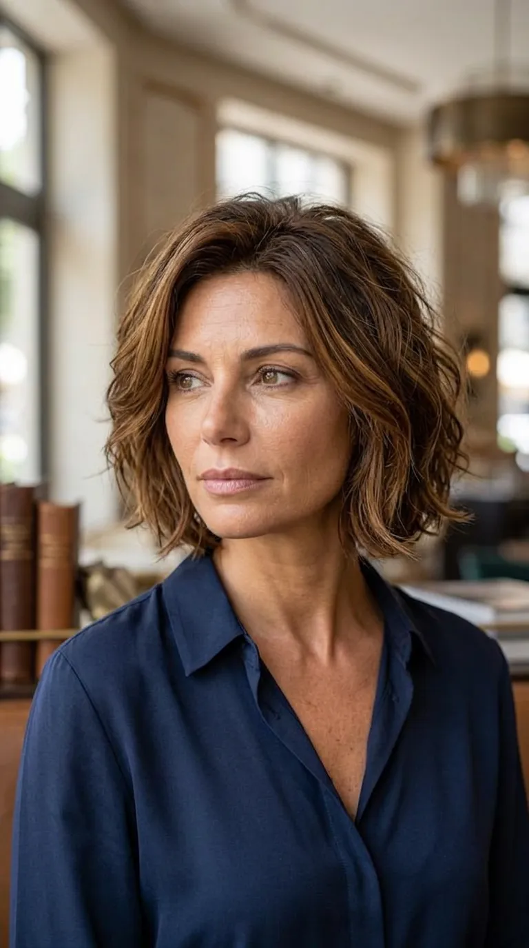 Soft textured brunette lob with caramel dimension, tousled waves, and elegant lived-in movement for summer 2026 hair over 40