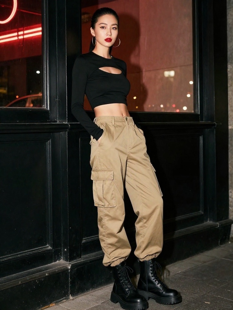 Cutout Black Top With Khaki Cargo Pants Energy