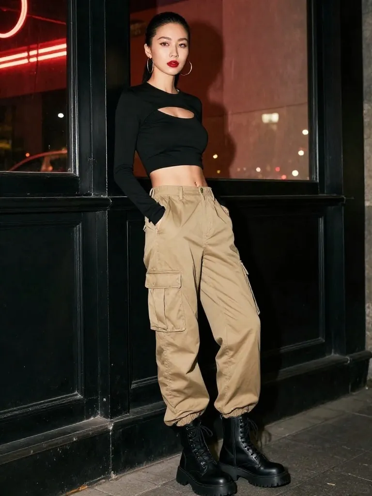 Cutout Black Top With Khaki Cargo Pants Energy