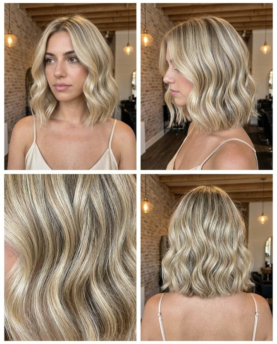 Wavy blonde bob medium haircut in a salon collage with tousled texture, dimensional champagne blonde, and beachy Summer 2026 movement