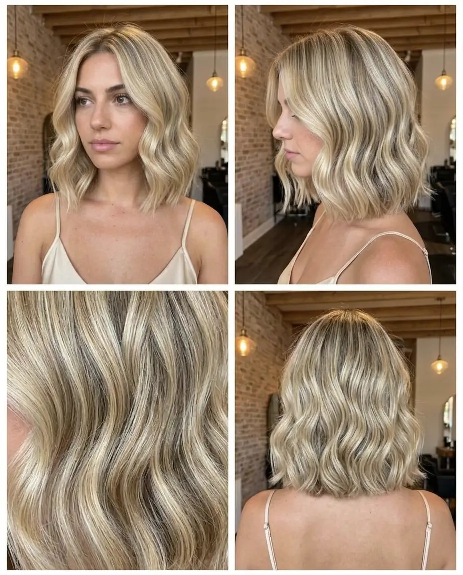 Wavy blonde bob medium haircut in a salon collage with tousled texture, dimensional champagne blonde, and beachy Summer 2026 movement