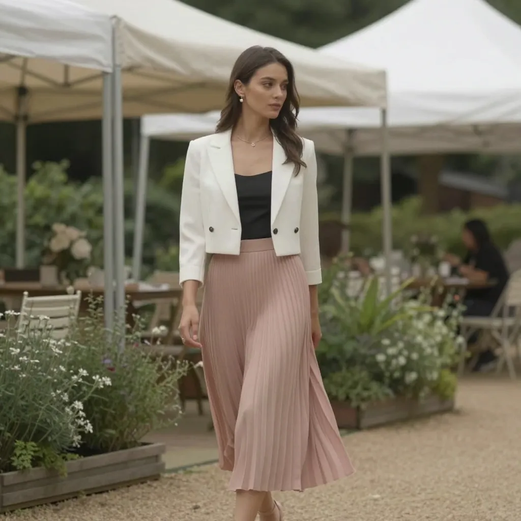 Blush Pleated Skirt Set With Cropped White Blazer