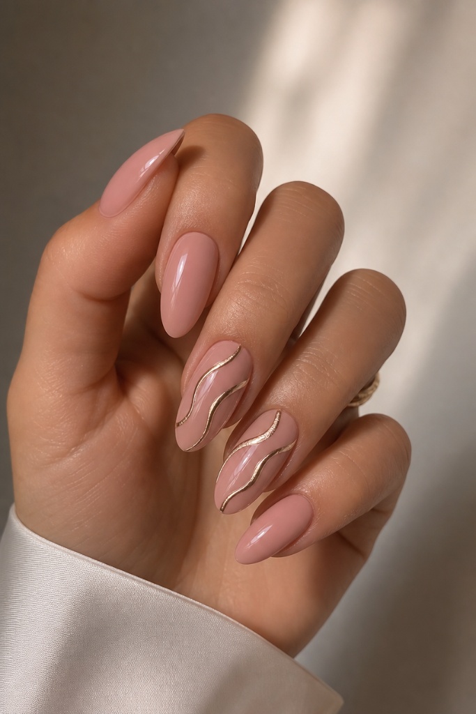 Summer Nails Inspo 2026 Blush Pink Almonds With Gold Wave Accents for Quiet Glamour