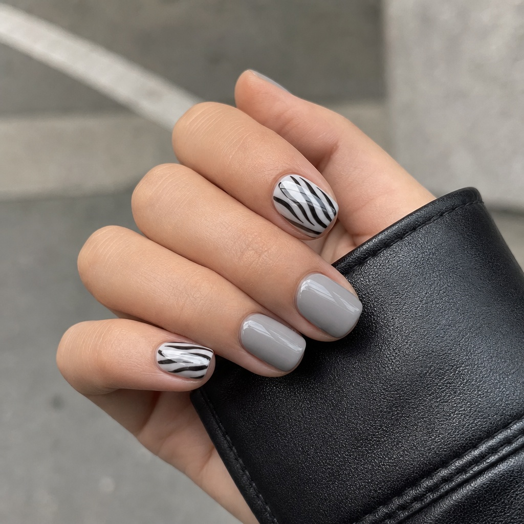 Short Summer Nails 2026 Inspo Grey With Zebra Print Accent for Cool-Girl Edge