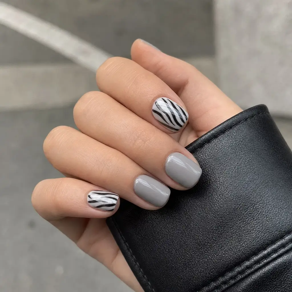 Short Summer Nails 2026 Inspo Grey With Zebra Print Accent for Cool-Girl Edge