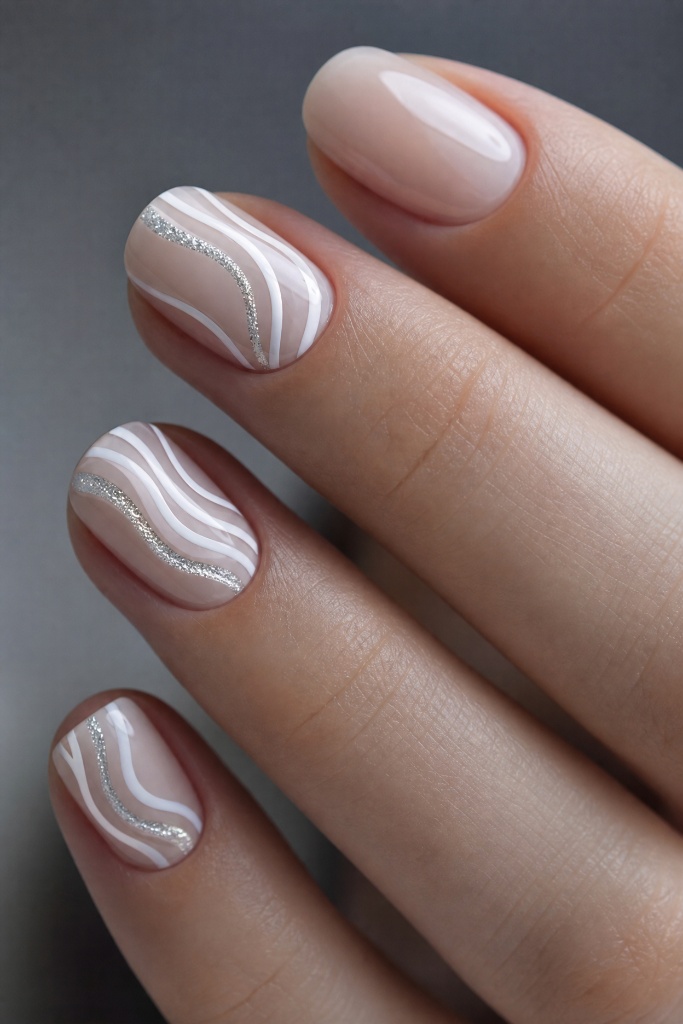 Light Summer Nails 2026 Nude Swirl Nails With Elegant Silver Line Detail