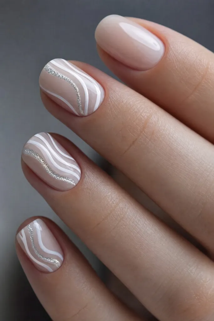 Light Summer Nails 2026 Nude Swirl Nails With Elegant Silver Line Detail