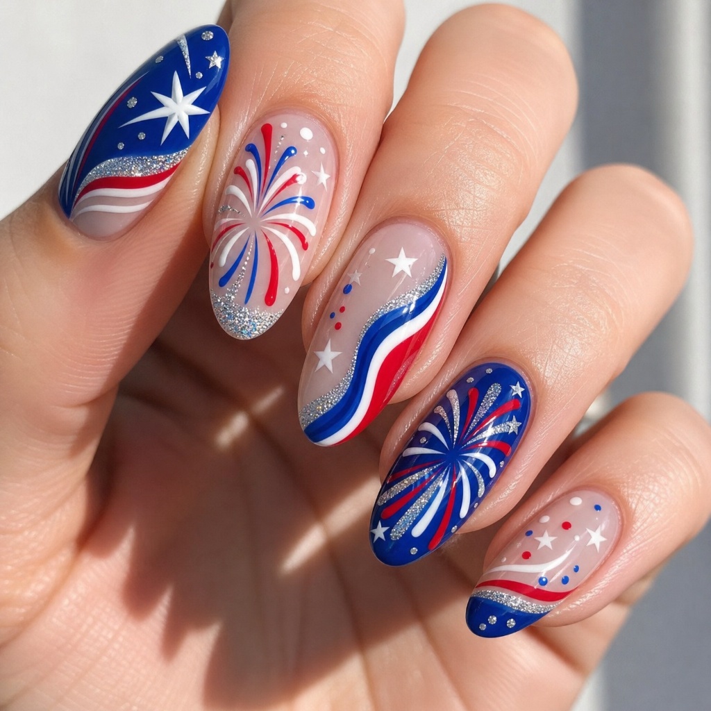 4th of July Nails for 2026 Elaborate Firework Nail Art With Glitter and Waves