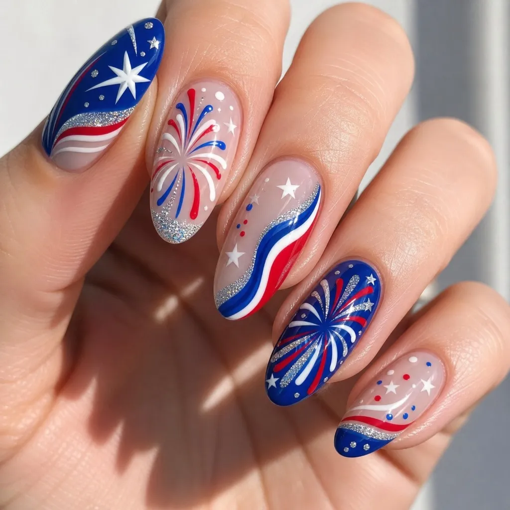 4th of July Nails for 2026 Elaborate Firework Nail Art With Glitter and Waves