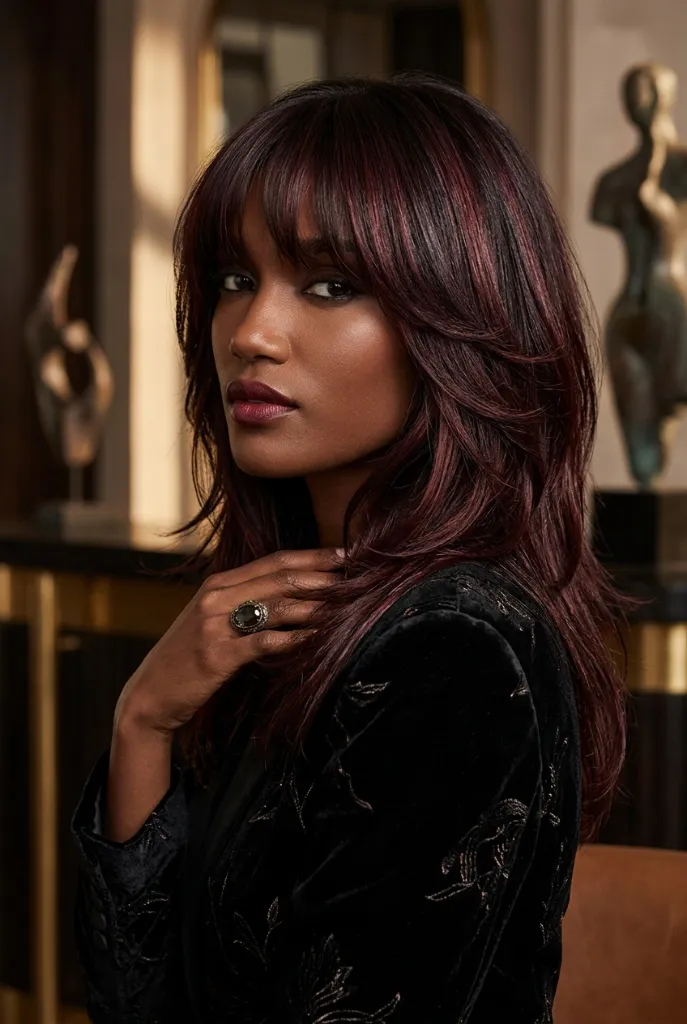 Deep Burgundy Wine Layered Shag with Full Bangs