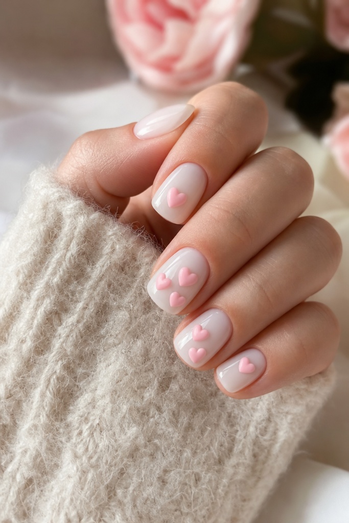 Short Summer Nails 2026 Inspo Milky Hearts on Sheer Base for Quiet Romance