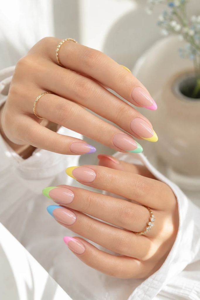 Summer French Nails 2026 Rainbow Pastel French Tips on Almond Nails