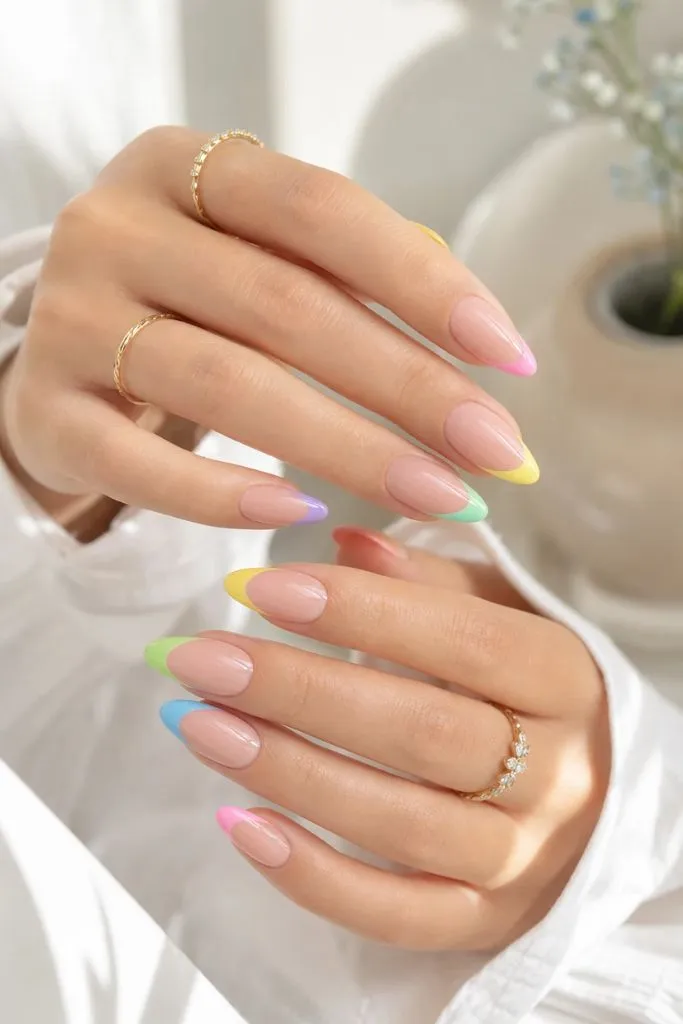 Summer French Nails 2026 Rainbow Pastel French Tips on Almond Nails