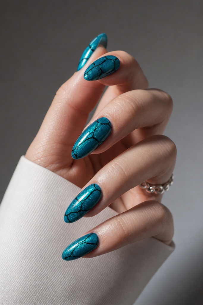 Summer Nails Inspo 2026 Teal Crackle Almond Nails That Channel Deep Ocean Energy