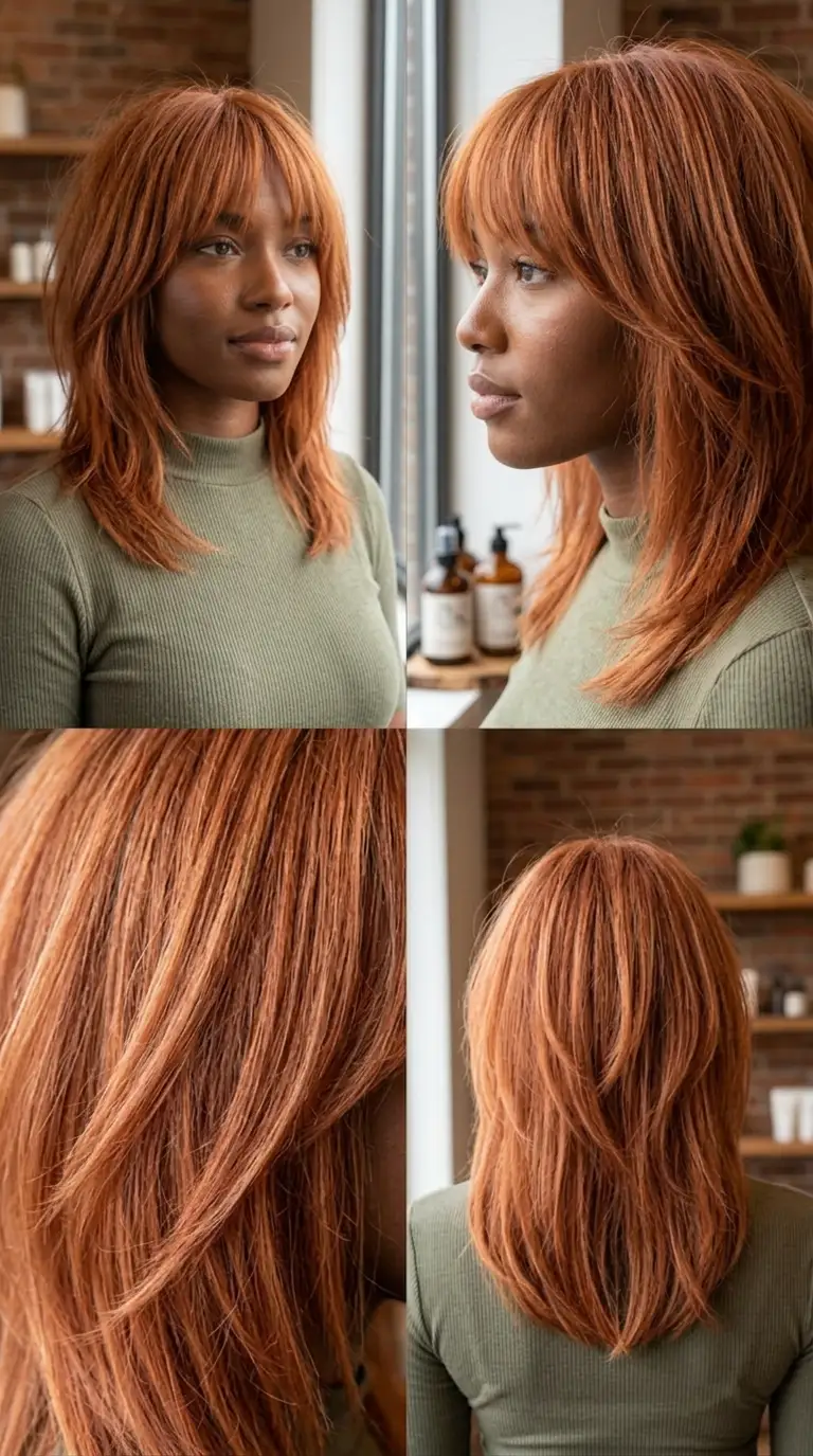 Copper butterfly shag medium haircut in a multi-angle salon collage with feathered layers, soft fringe, and warm Summer 2026 shine