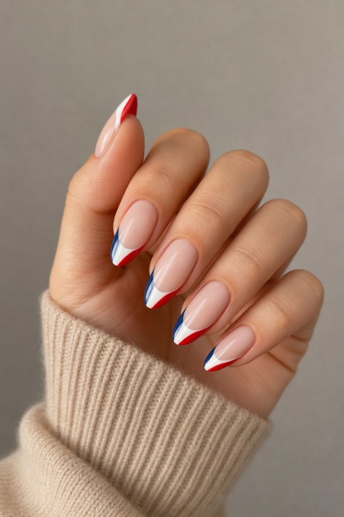 Patriotic Nails for 2026 Tricolor French Tips With Elegant Diagonal Lines
