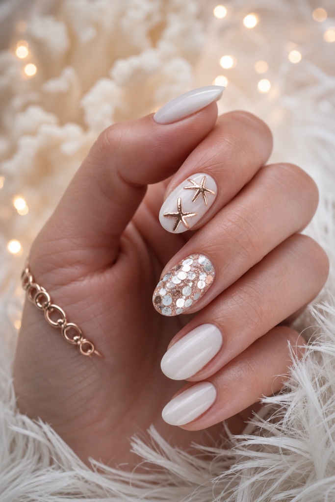Summer Nails Inspo 2026 Sandy Beach Nails With Starfish and Sequin Accents