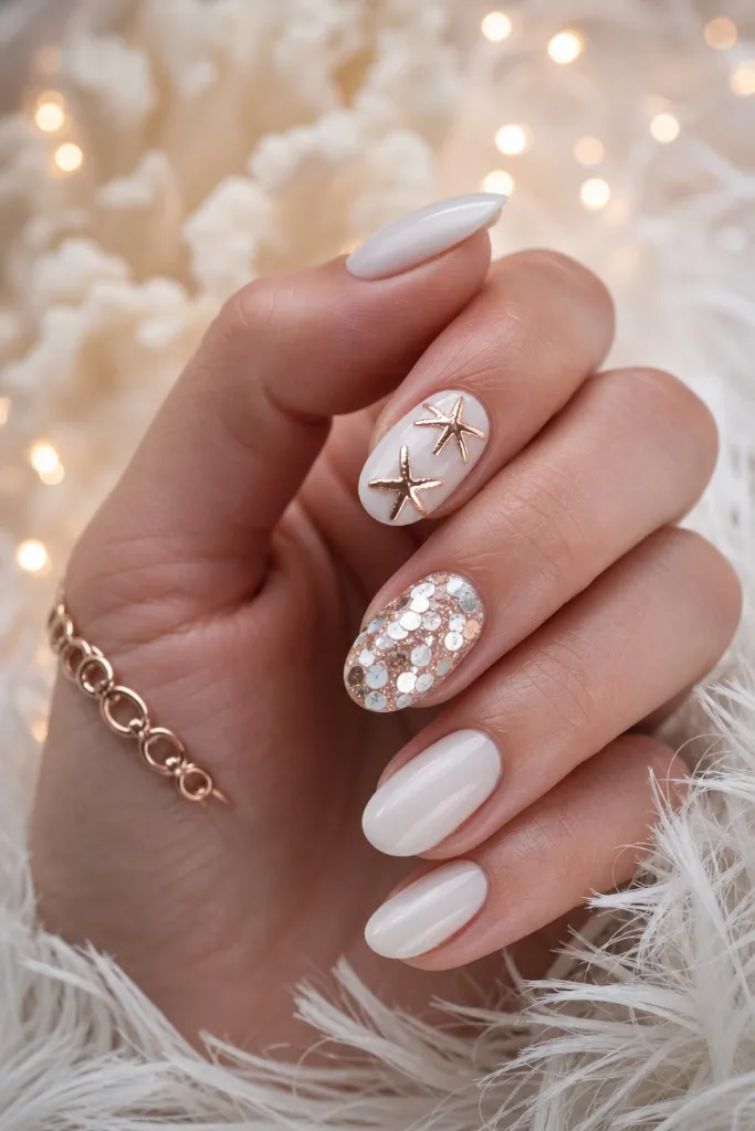 Summer Nails Inspo 2026 Sandy Beach Nails With Starfish and Sequin Accents
