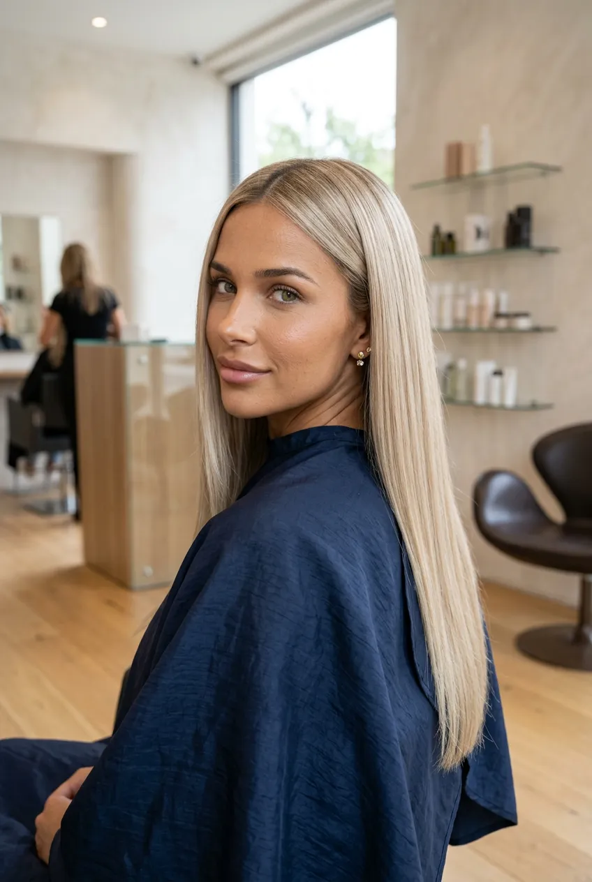 Soft champagne-blonde glass hair long haircut for Summer 2026 with sleek center part, polished salon finish, glossy smooth texture, luxury editorial beauty mood
