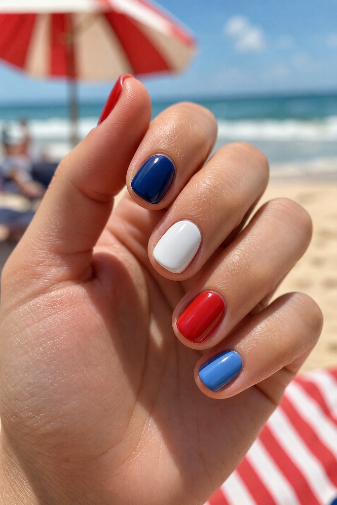 4th of July Nails for 2026 Bold Beach Day Nails With Alternating Patriotic Colors