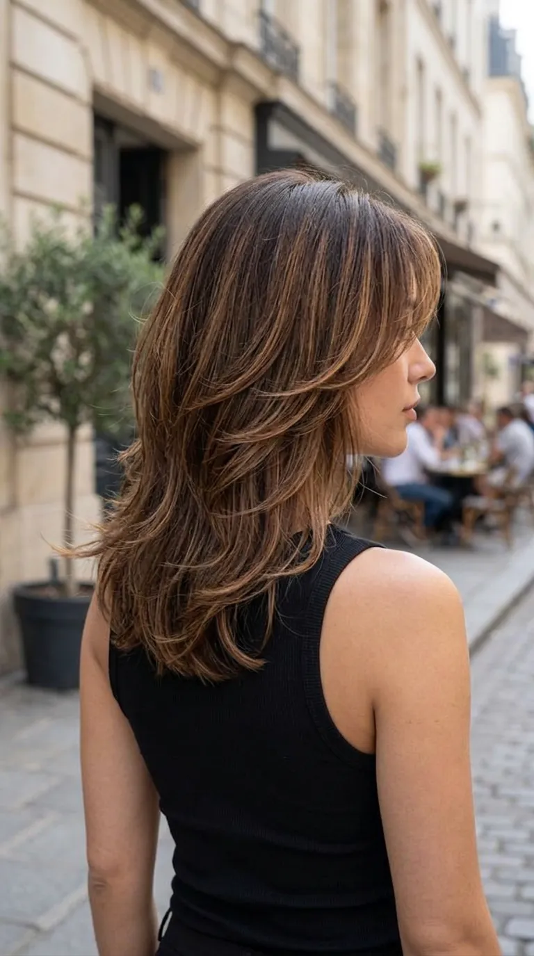 Smoky brunette shag medium haircut with layered back view, soft movement, textured ends, and effortless Summer 2026 street-style finish