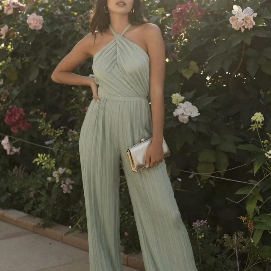 Soft Sage Pleated Jumpsuit With Elegant Movement