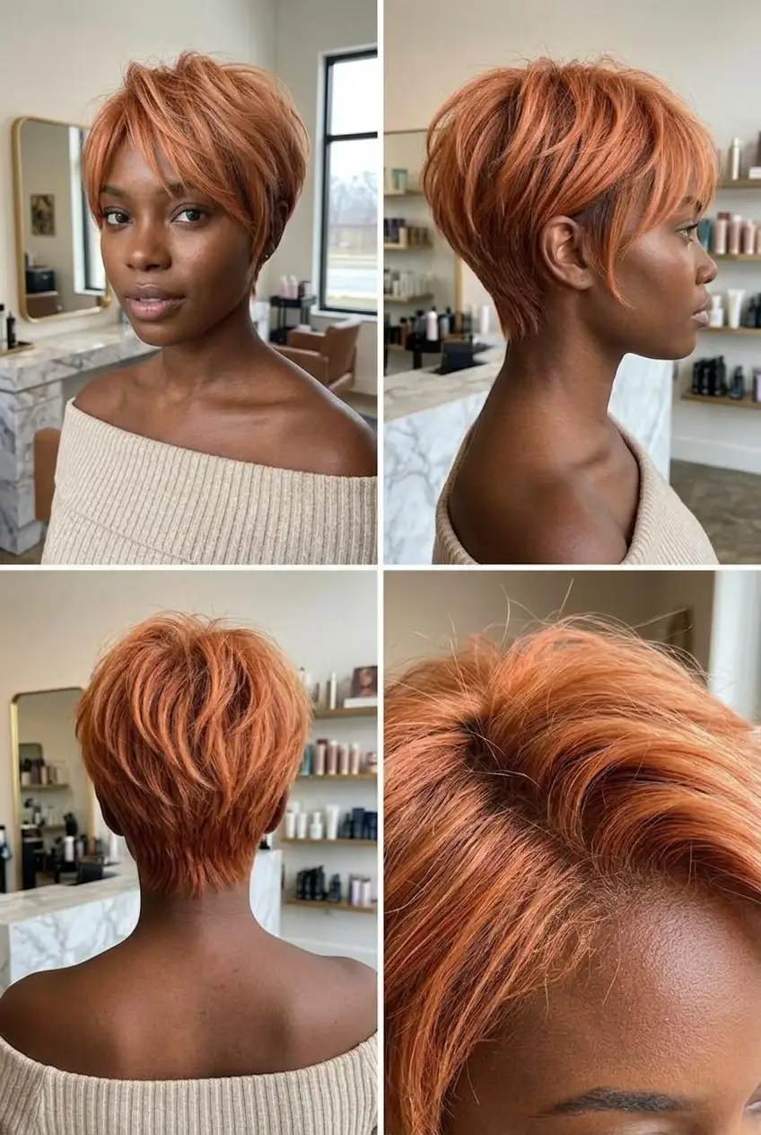 copper apricot pixie collage on deep skin, feathery layers, tapered nape, warm salon color, summer 2026 short haircut trend